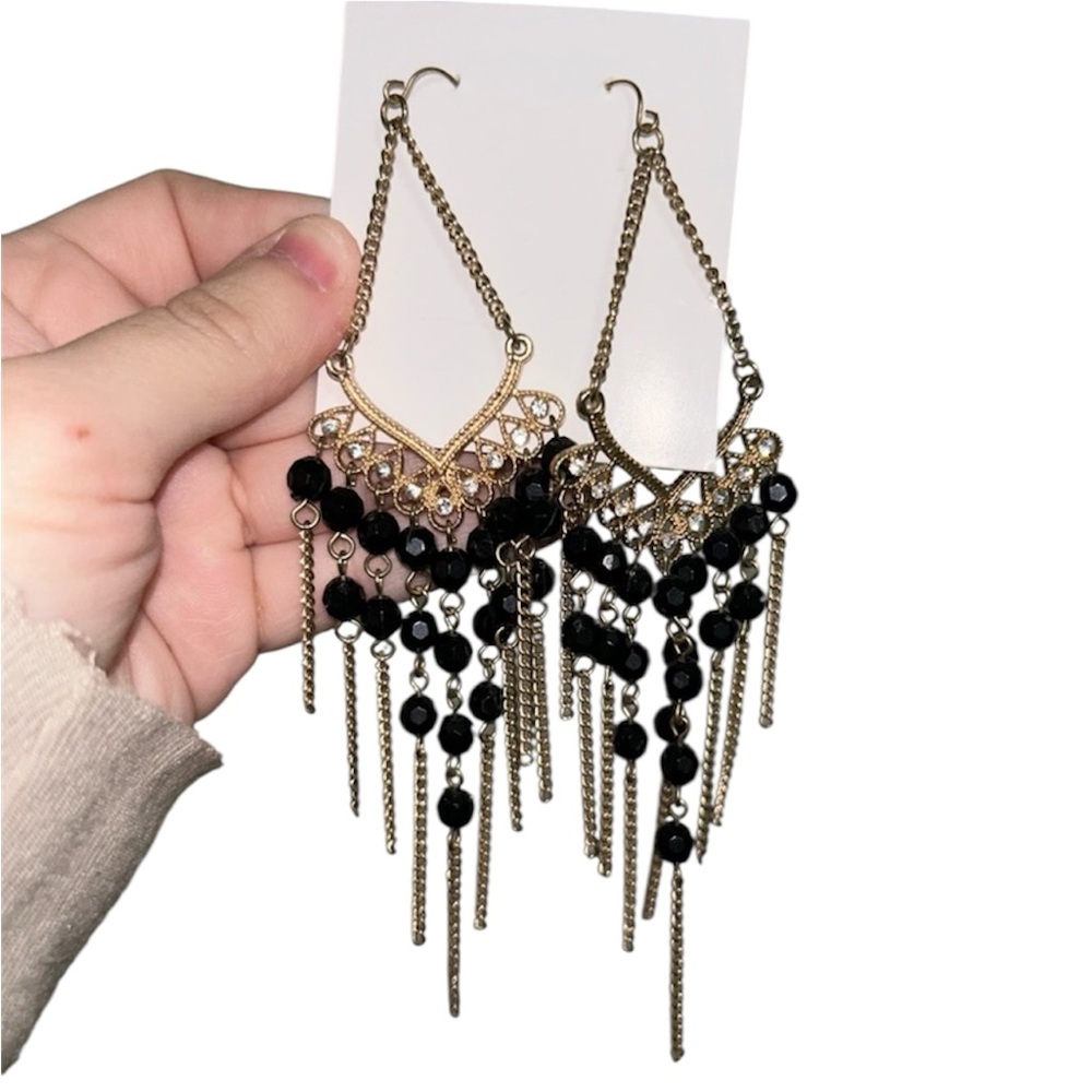 Black and Gold Dangly Sparkle Statement Earrings
